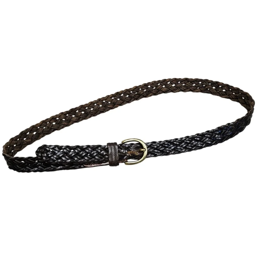 Donna Katz Basic Braided Leather Belt Brass Buckle Woven Brown Belt Large Office
